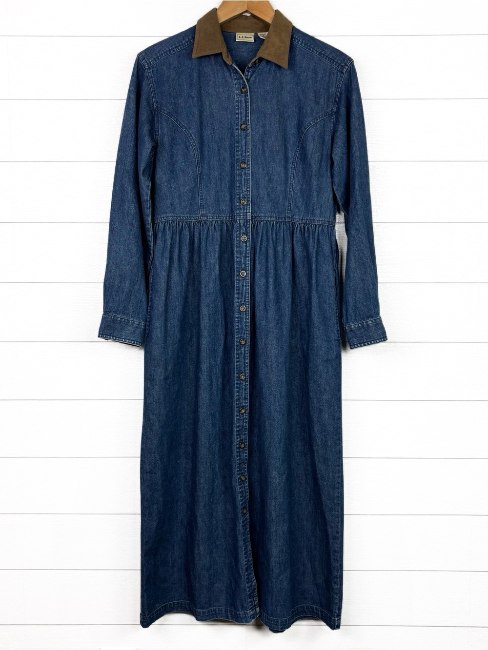 LLBean Vintage 90s Denim Midi Dress Suede Collar Barn Chore Button Shirtdress 8